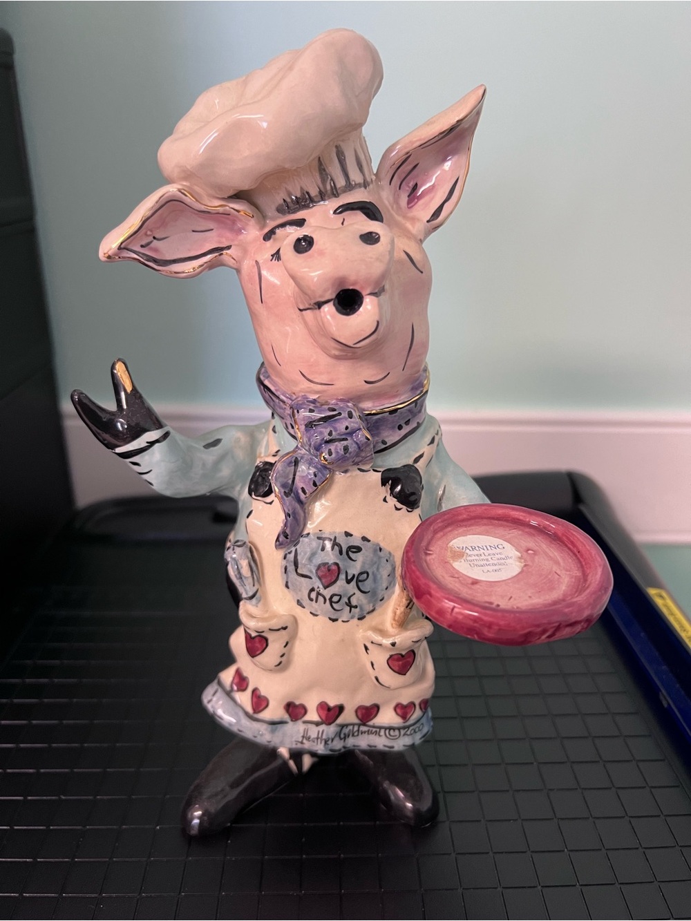 Whimsical Pink Chef Pig Ceramic Figurine with Heart Details